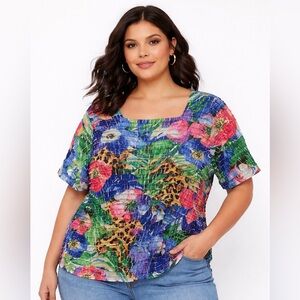 Alfred Dunner Women’s Plus 1X Tropical Floral & Leopard print Short Sleeve Top